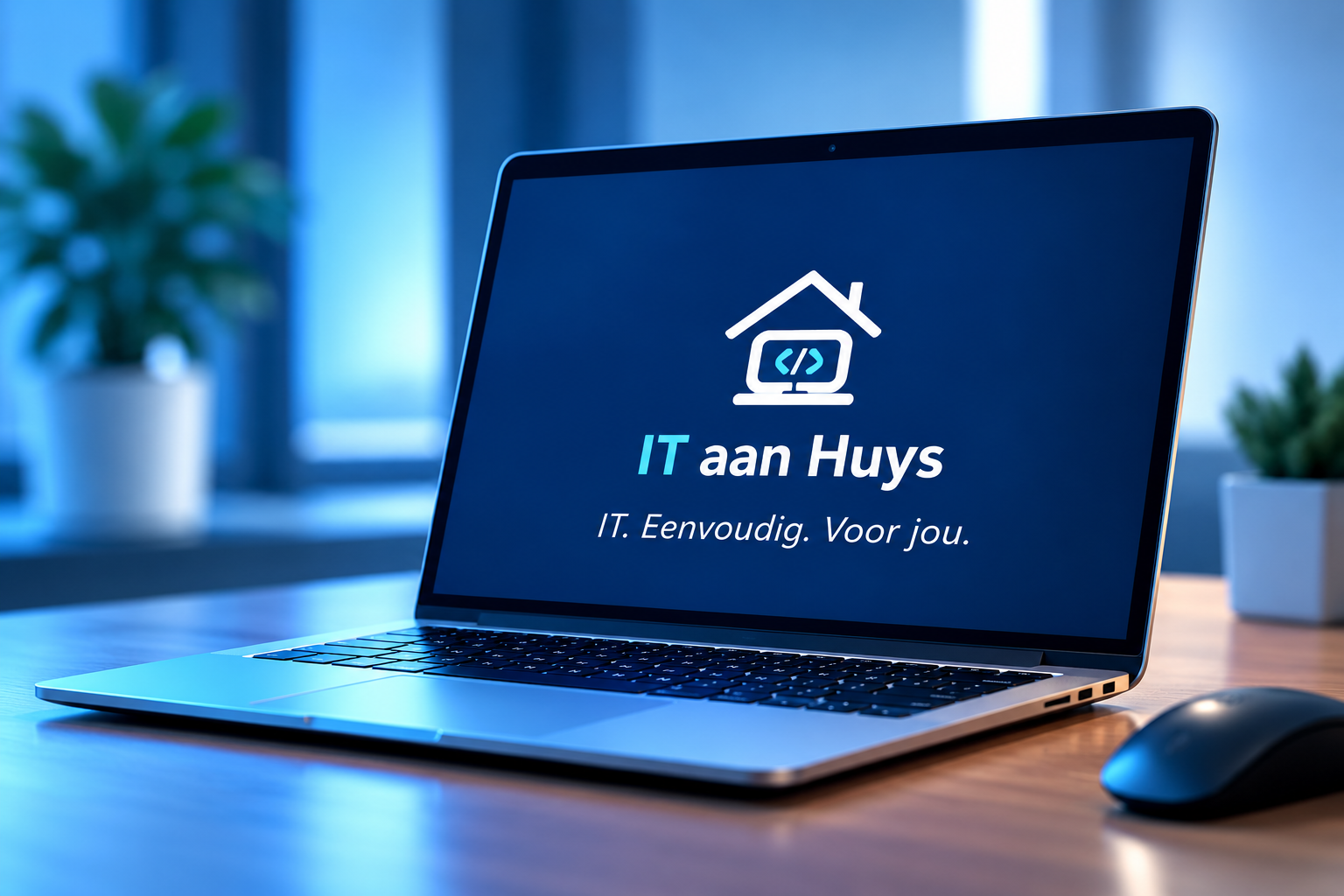 Laptop op een bureau met het logo van IT aan Huys op het scherm.